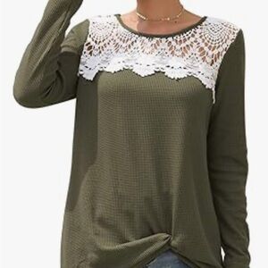 Crewneck Long Sleeve Waffle Knit Tops Floral Lace Patchwork Twist Knot Front med